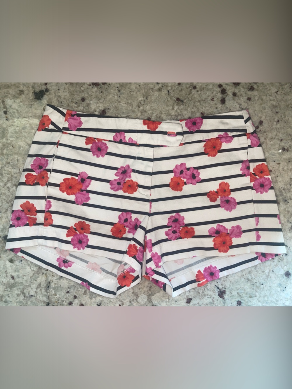 J. Crew White Striped High-Waist Shorts with Pink & Red Floral Print